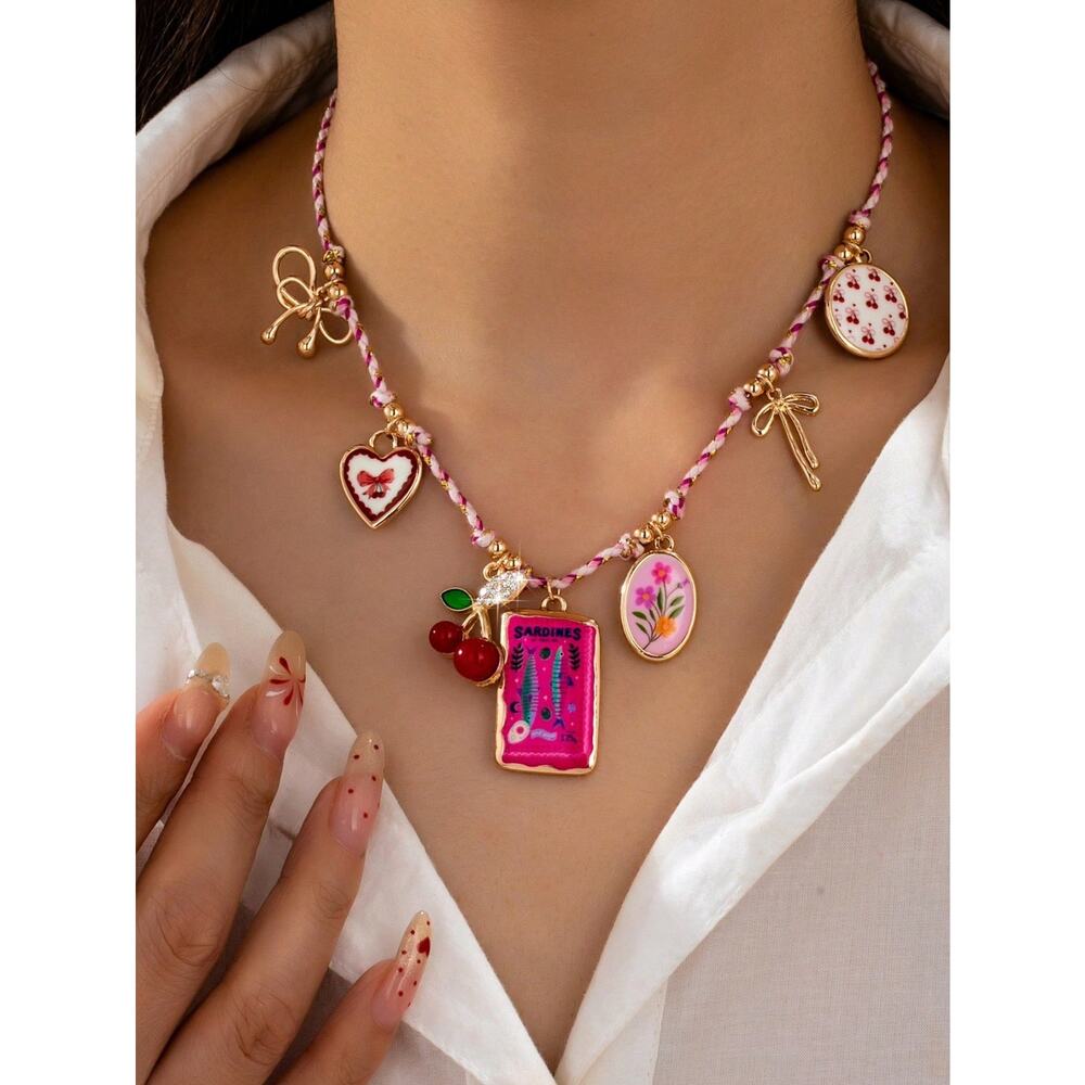 Vintage Style Charm Necklace Sardines Cherry Bow Summer Cute Aesthetic Unique